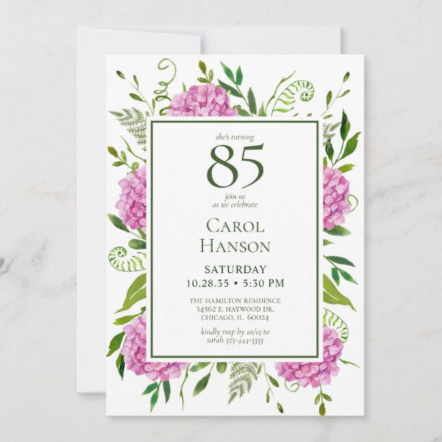 85th Birthday Pink Hydrangeas Card Request  (Front)