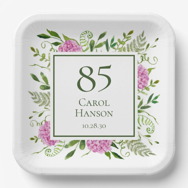85th Birthday Pink Hydrangeas Paper Plate (Front)