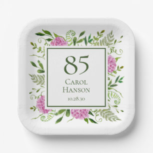 85th Birthday Pink Hydrangeas Paper Plate