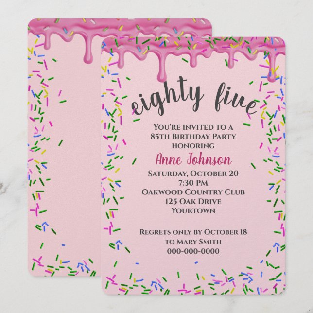 85th Birthday Pink Icing And Sprinkles Invitation (Front/Back)