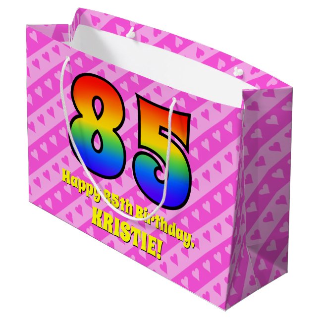 85th Birthday: Pink Stripes & Hearts, Rainbow # 85 Large Gift Bag (Back Angled)