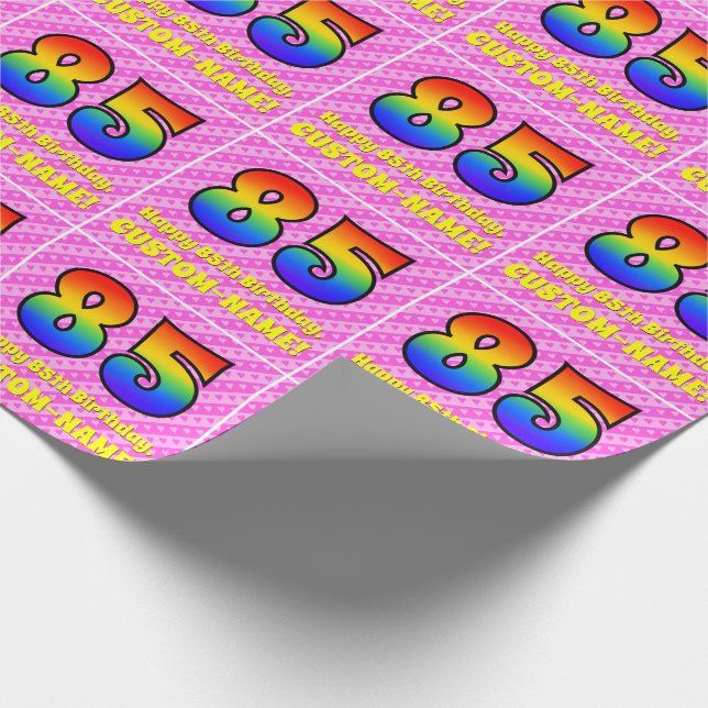 85th Birthday: Pink Stripes & Hearts, Rainbow # 85 Wrapping Paper (Corner)
