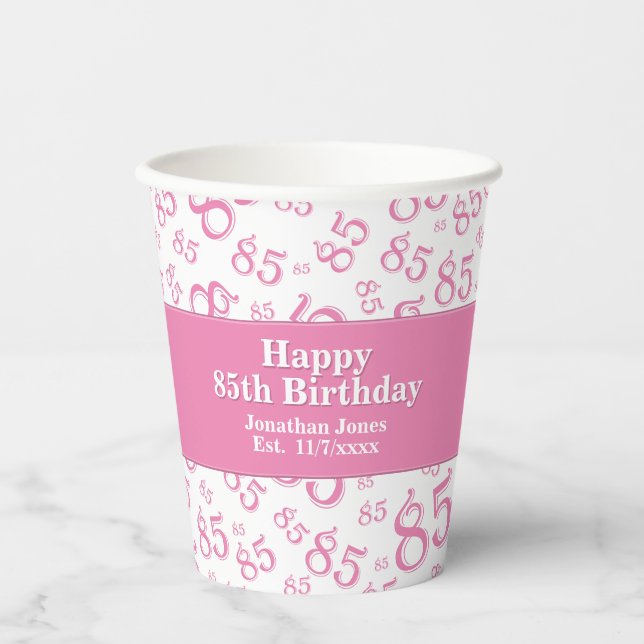 85th Birthday Pink/White Random Number Pattern 85 Paper Cups (Front)