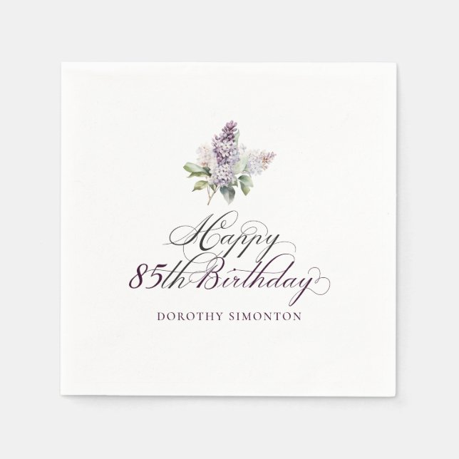 85th Birthday Purple Lilac Spring Flower Cocktail Napkin (Front)