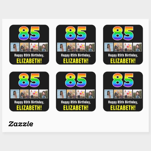 85th Birthday: Rainbow “85”; Custom Photos & Name Square Sticker (Sheet)
