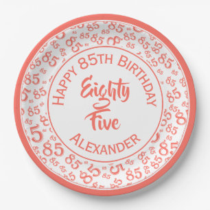 85th Birthday Random Number Pattern Coral/White Paper Plate