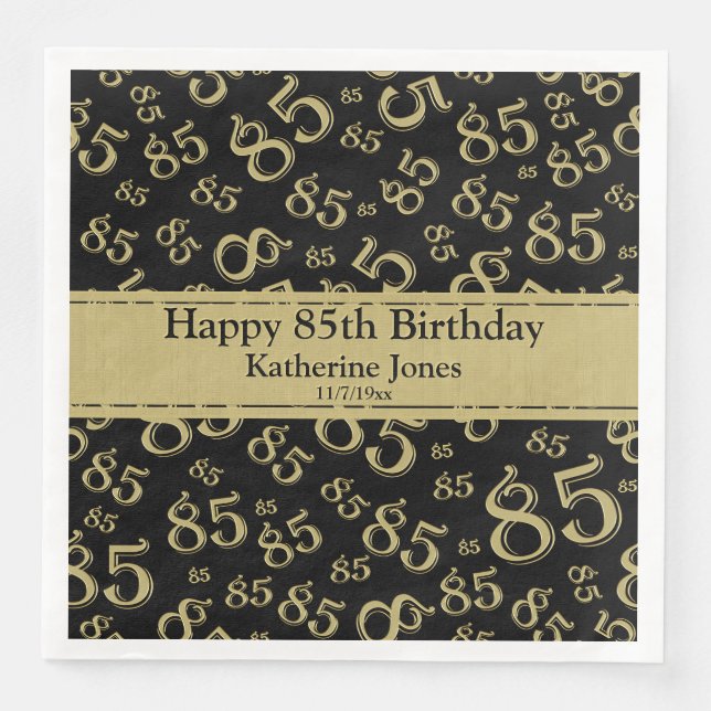 85th Birthday Random Number Pattern Gold/Black Napkin (Front)