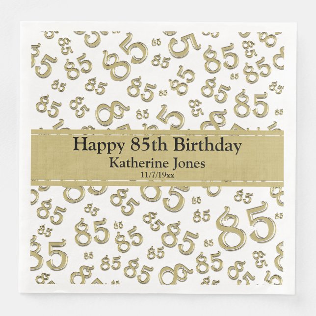 85th Birthday Random Number Pattern Gold/White Napkin (Front)