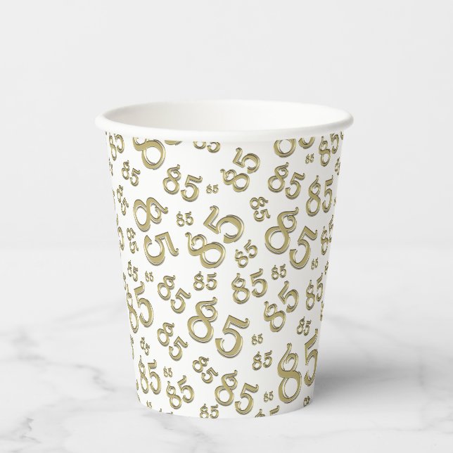 85th Birthday Random Number Pattern Gold/White Paper Cups (Front)