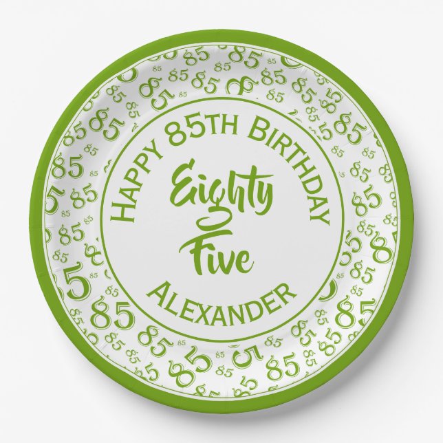 85th Birthday Random Number Pattern Green/White Paper Plate (Front)