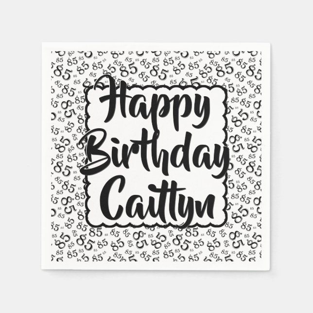 85th Birthday Random Number Pattern Scallop Black Napkin (Front)