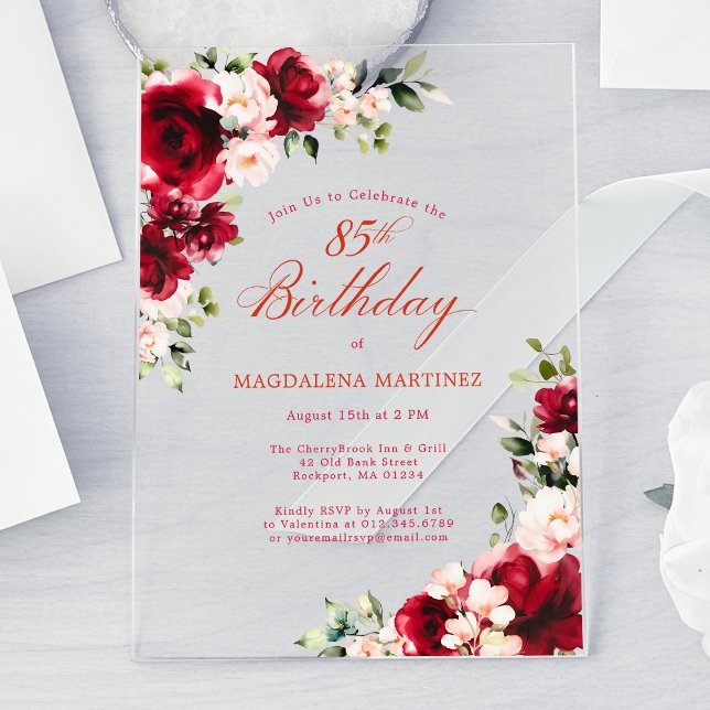85th Birthday Red Rose Pink Peony Floral Acrylic Invitations (Creator Uploaded)