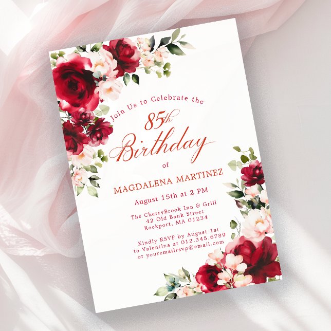 85th Birthday Red Rose Pink Peony Floral Invitation (Creator Uploaded)