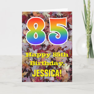 85th Birthday; Rustic Autumn Leaves; Rainbow "85" Card