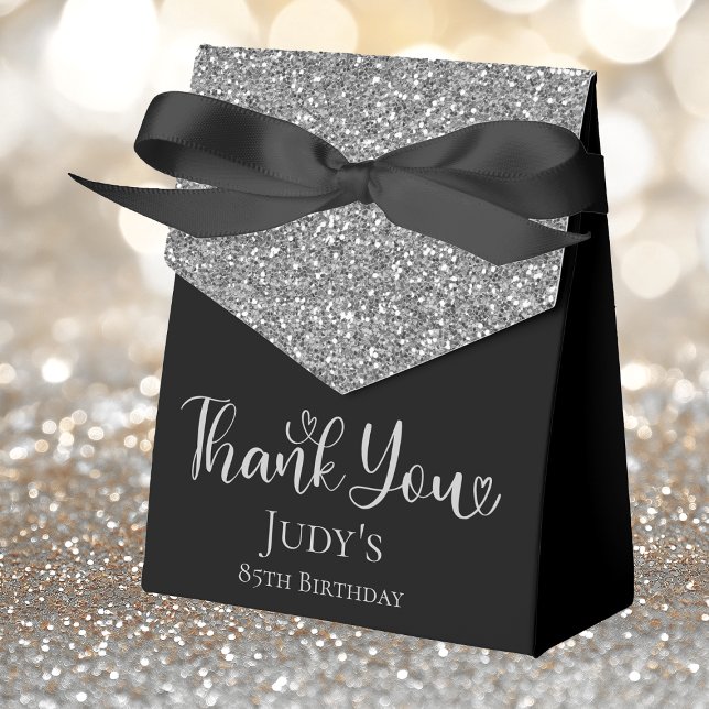 85th Birthday Silver Glitter Black Thank You Favor Box (Creator Uploaded)