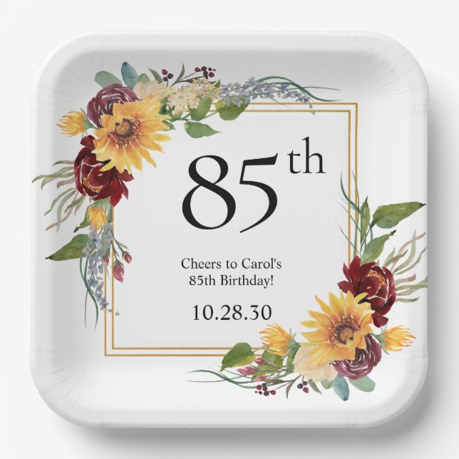 85th Birthday Sunflowers Paper Plate (Front)