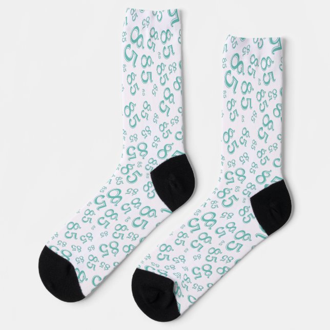 85th Birthday Teal Random Number Pattern Socks (Left)