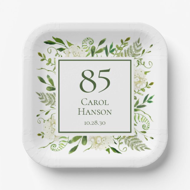 85th Birthday White Hydrangeas Paper Plate (Front)