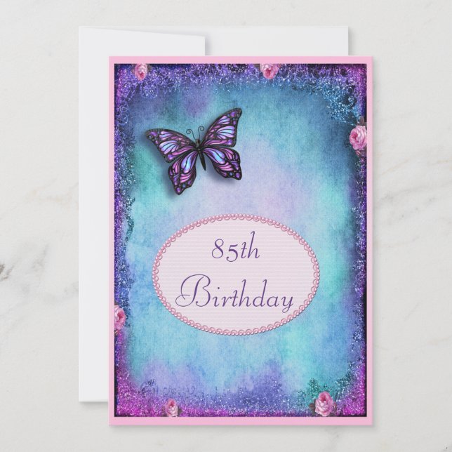 85th Faux Glitter, Butterfly, Roses & Lace Invitation (Front)