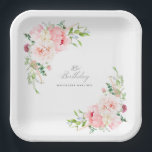85th Party Pink Floral Custom Paper Plate<br><div class="desc">A beautiful and feminine custom paper plate to celebrate a 85th birthday in elegant style. This floral design is bordered with a frame of charming pink peonies and greenery.</div>