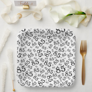 85th Party Random Number Pattern Black/White Paper Plate