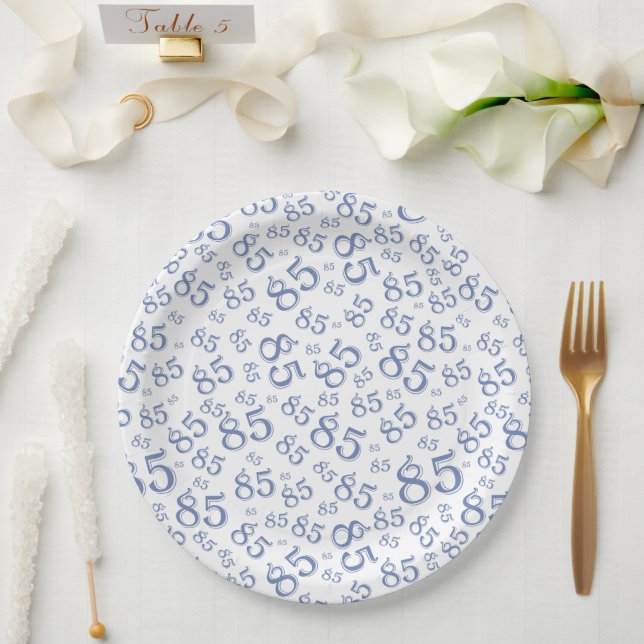 85th Party Random Number Pattern Blue/White Paper Plate (Wedding)