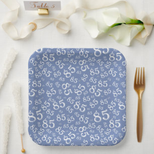 85th Party Random Number Pattern Blue/White Paper Plate