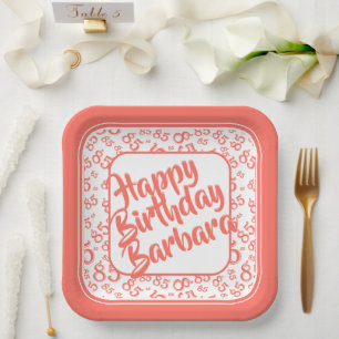 85th Party Random Number Pattern Coral/White Paper Plate