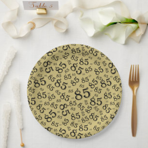 85th Party Random Number Pattern Gold/Black Paper Plate