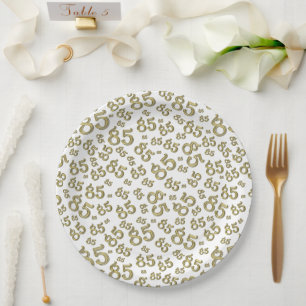 85th Party Random Number Pattern Gold/White Paper Plate