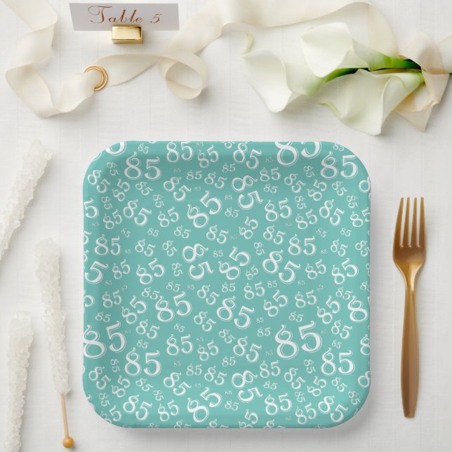 85th Party Random Number Pattern Teal/White Paper Plate (Wedding)