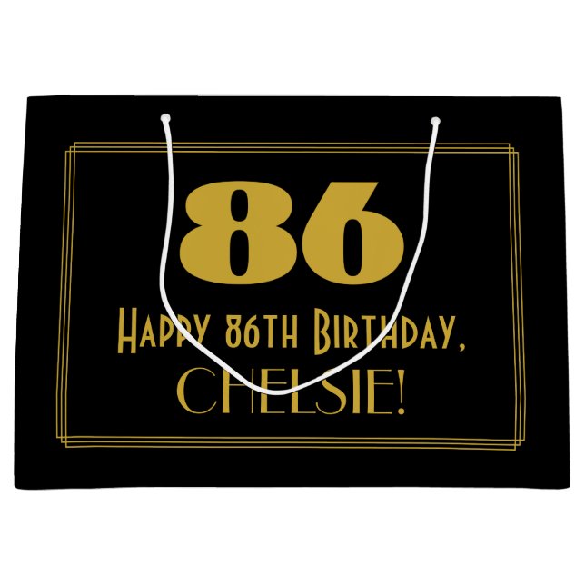 86th Birthday — Art Deco Inspired Look "86" & Name Large Gift Bag (Front)