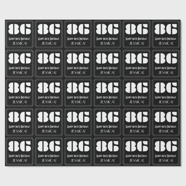 86th Birthday: Art Deco Inspired Look "86" & Name Wrapping Paper (Flat)