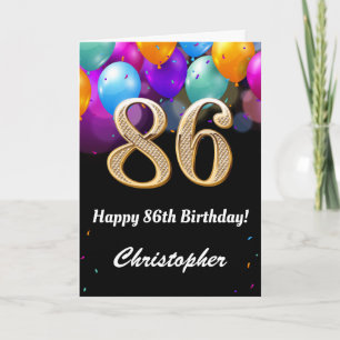 86th Birthday Black and Gold Colourful Balloons Card