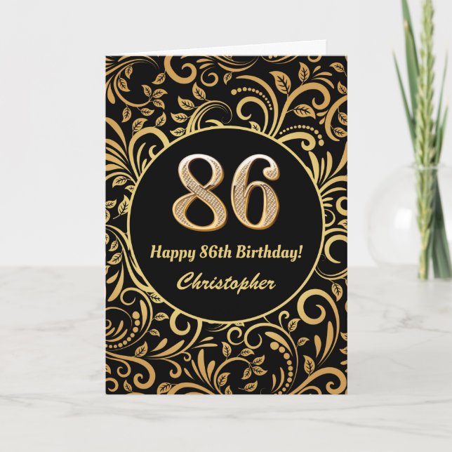 86th Birthday Black and Gold Floral Pattern Card (Front)