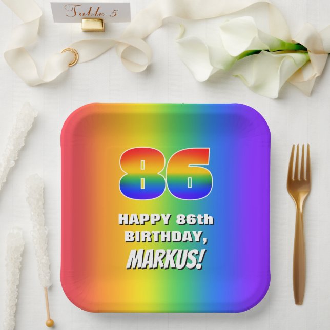 86th Birthday: Colourful, Fun Rainbow Pattern # 86 Paper Plate (Wedding)