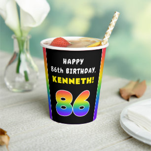 86th Birthday: Colourful Rainbow # 86, Custom Name Paper Cups