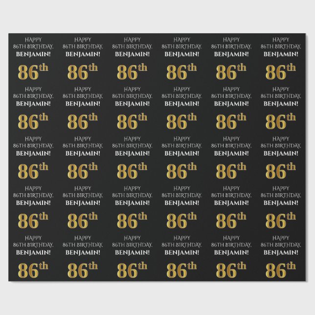 86th Birthday: Elegant, Black, Faux Gold Look Wrapping Paper (Flat)