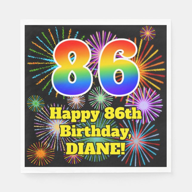 86th Birthday: Fun Fireworks Pattern + Rainbow 86 Napkin (Front)