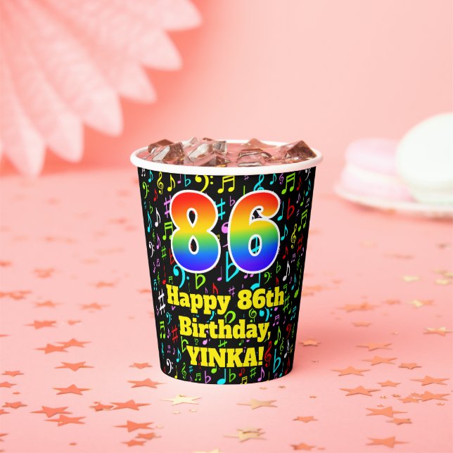 86th Birthday: Fun Music Notes Pattern, Rainbow 86 Paper Cups (Insitu)