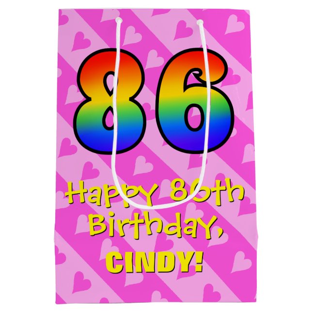 86th Birthday: Fun Pink Hearts Stripes; Rainbow 86 Medium Gift Bag (Back)