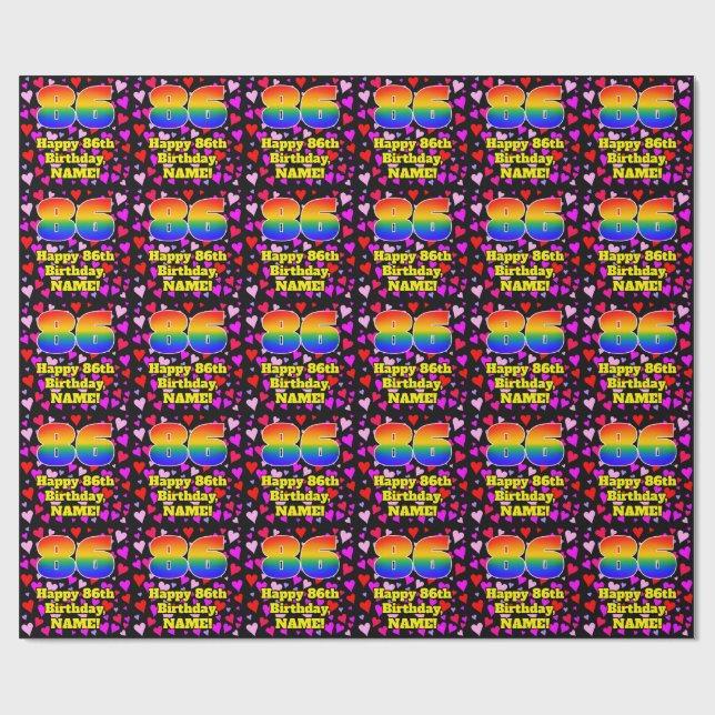 86th Birthday: Loving Hearts Pattern, Rainbow # 86 Wrapping Paper (Flat)