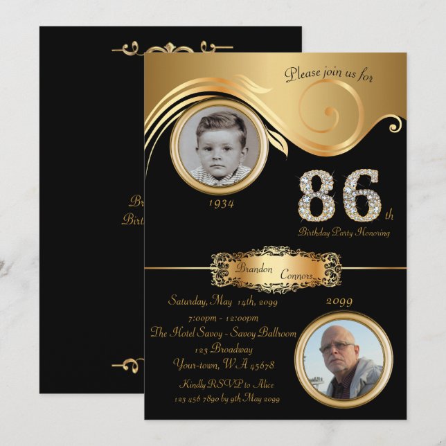 86th,Birthday Man 86th,elegant art deco,black gold Invitation (Front/Back)