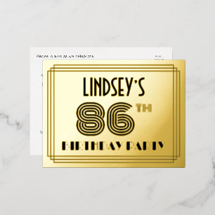 86th Birthday Party ~ Art Deco Style “86” + Name Foil Invitation Postcard