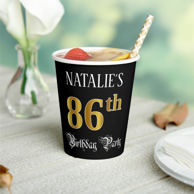 86th Birthday Party — Fancy Script, Faux Gold Look Paper Cups (Insitu)