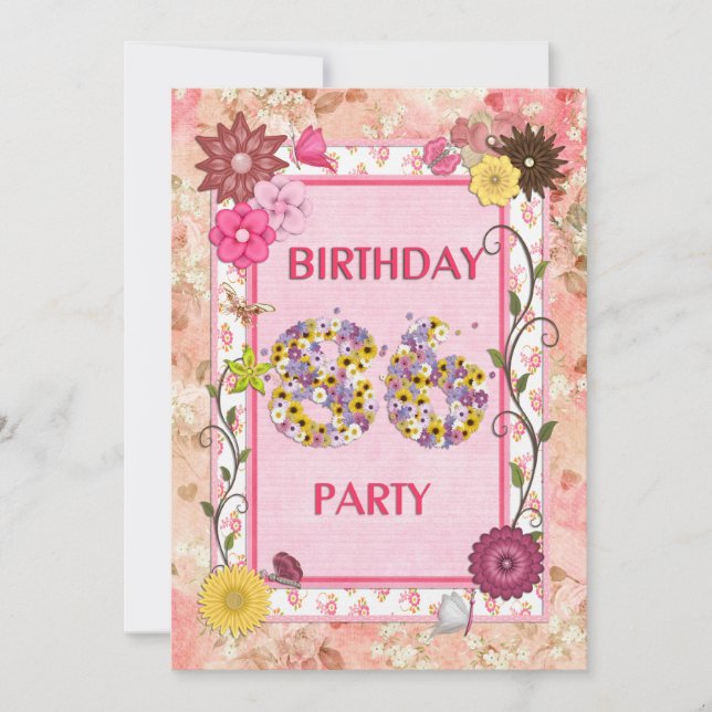 86th birthday party invitation with floral frame (Front)