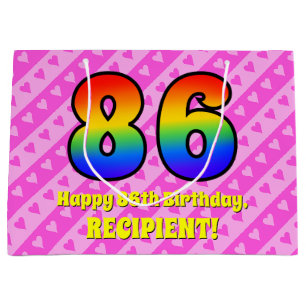 86th Birthday: Pink Stripes & Hearts, Rainbow # 86 Large Gift Bag