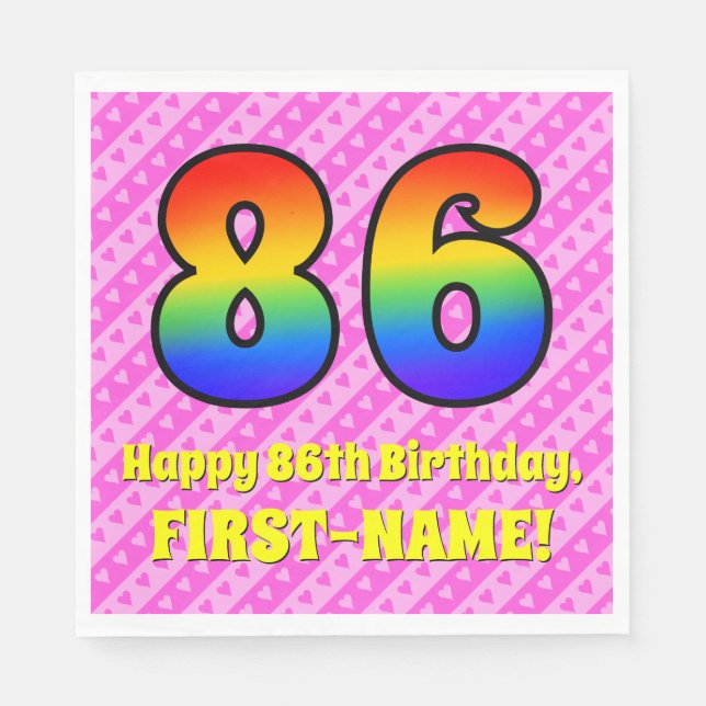 86th Birthday: Pink Stripes & Hearts, Rainbow # 86 Napkin (Front)
