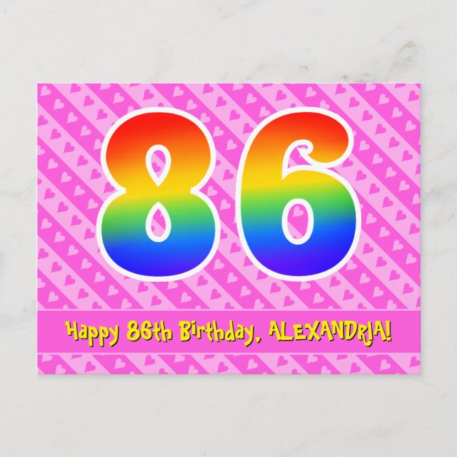 86th Birthday: Pink Stripes & Hearts, Rainbow 86 Postcard (Front)