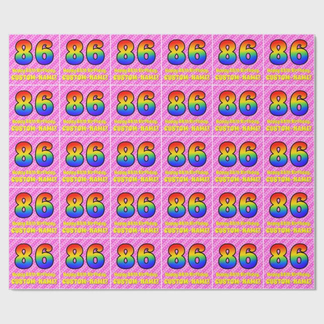 86th Birthday: Pink Stripes & Hearts, Rainbow # 86 Wrapping Paper (Flat)